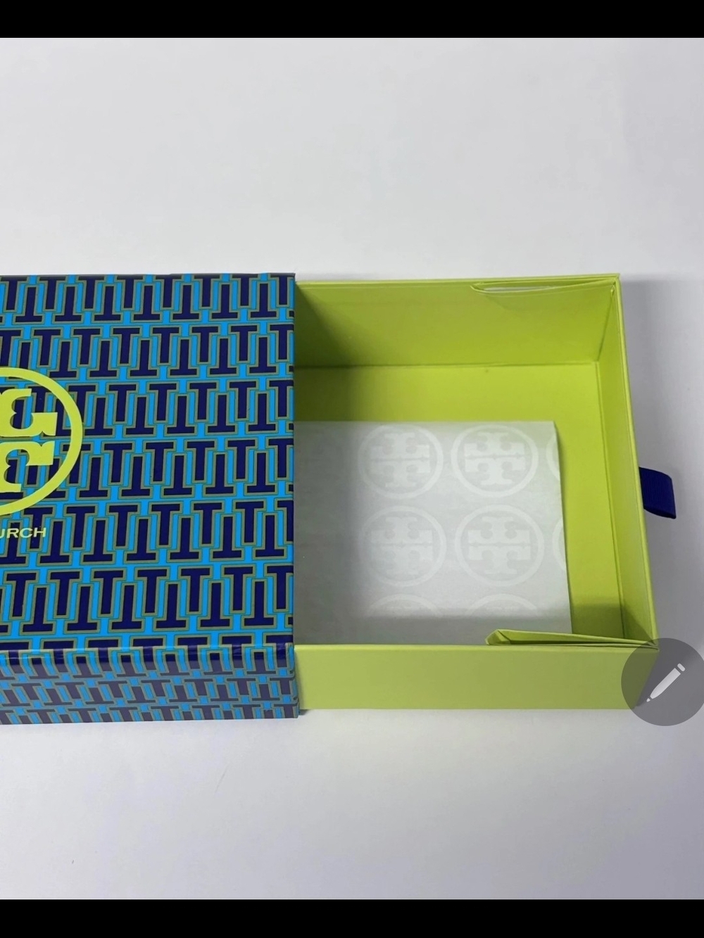 Tory Burch Blue Patterned Storage Box with Lime Drawer and Navy Pull - Picture 2 of 3